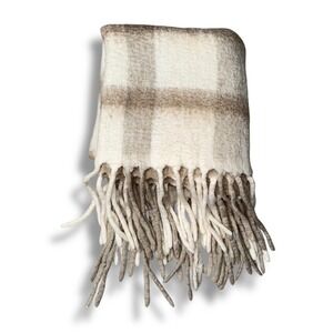 Pottery Barn Throw Blanket Unisex OS Neutral Plaid Excellent Wool Blend Fringe
